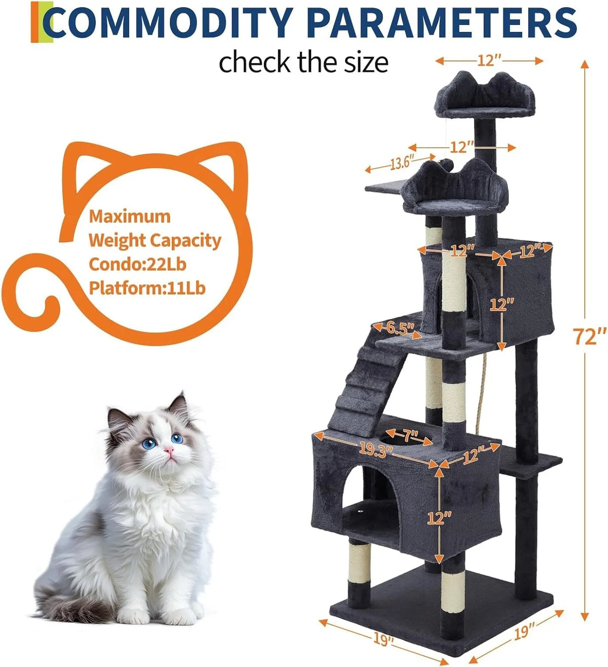 Cat tree size diagram: 19 x 19 x 72 inches overall with 22 lb condo and 11 lb platform weight limits