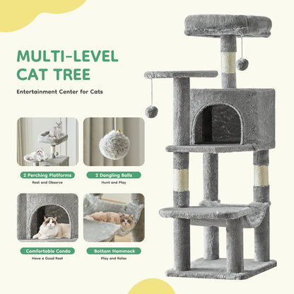 Multi-level cat tree feature callouts: two perching platforms, two dangling balls, enclosed condo and bottom hammock