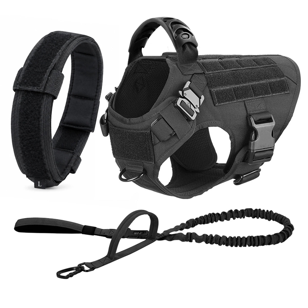 Black tactical dog harness three-piece set with padded collar, vest harness and bungee leash