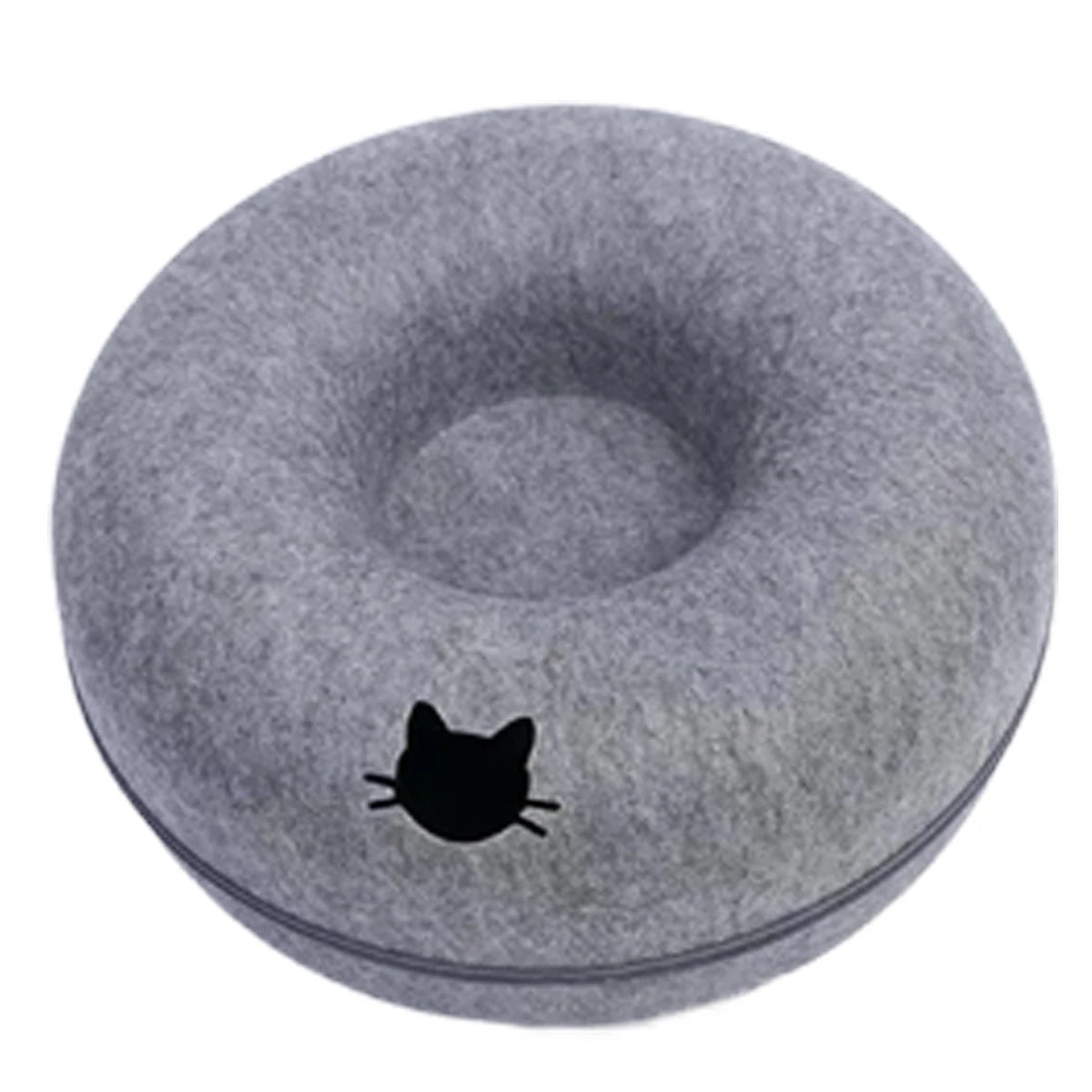Dark grey cat head style felt donut bed with a cat face shaped entrance on a white background