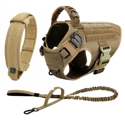 Brown tactical dog harness three-piece set with padded collar, vest harness and bungee leash