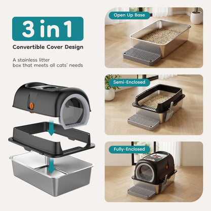 Litter box shown in fully open, semi-enclosed and fully enclosed cover configurations