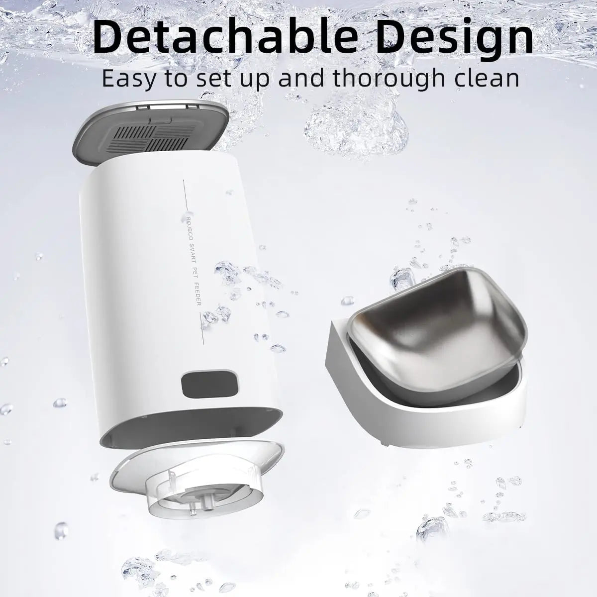 ROJECO automatic cat feeder separated into its detachable food tank, bowl and dispensing rotor for cleaning
