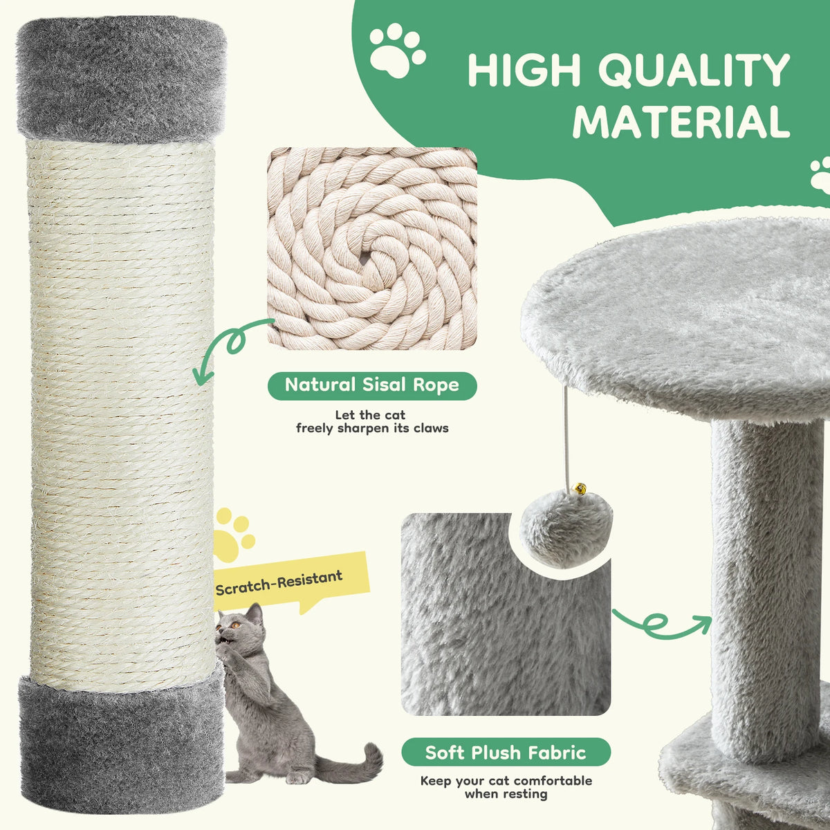 Material close-up of the natural sisal rope scratching post and soft plush fabric covering on the cat tower
