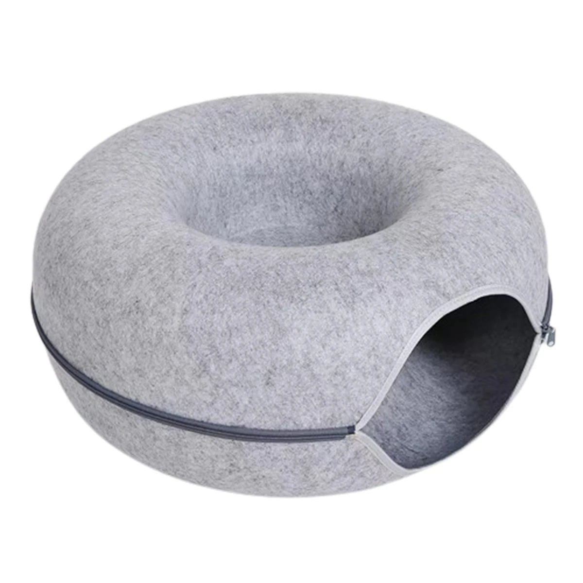 Light grey felt cat donut tunnel bed on a white background with the zip running around the side
