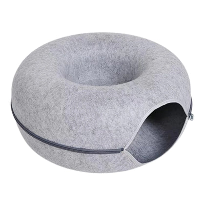 Light grey felt cat donut tunnel bed on a white background with the zip running around the side