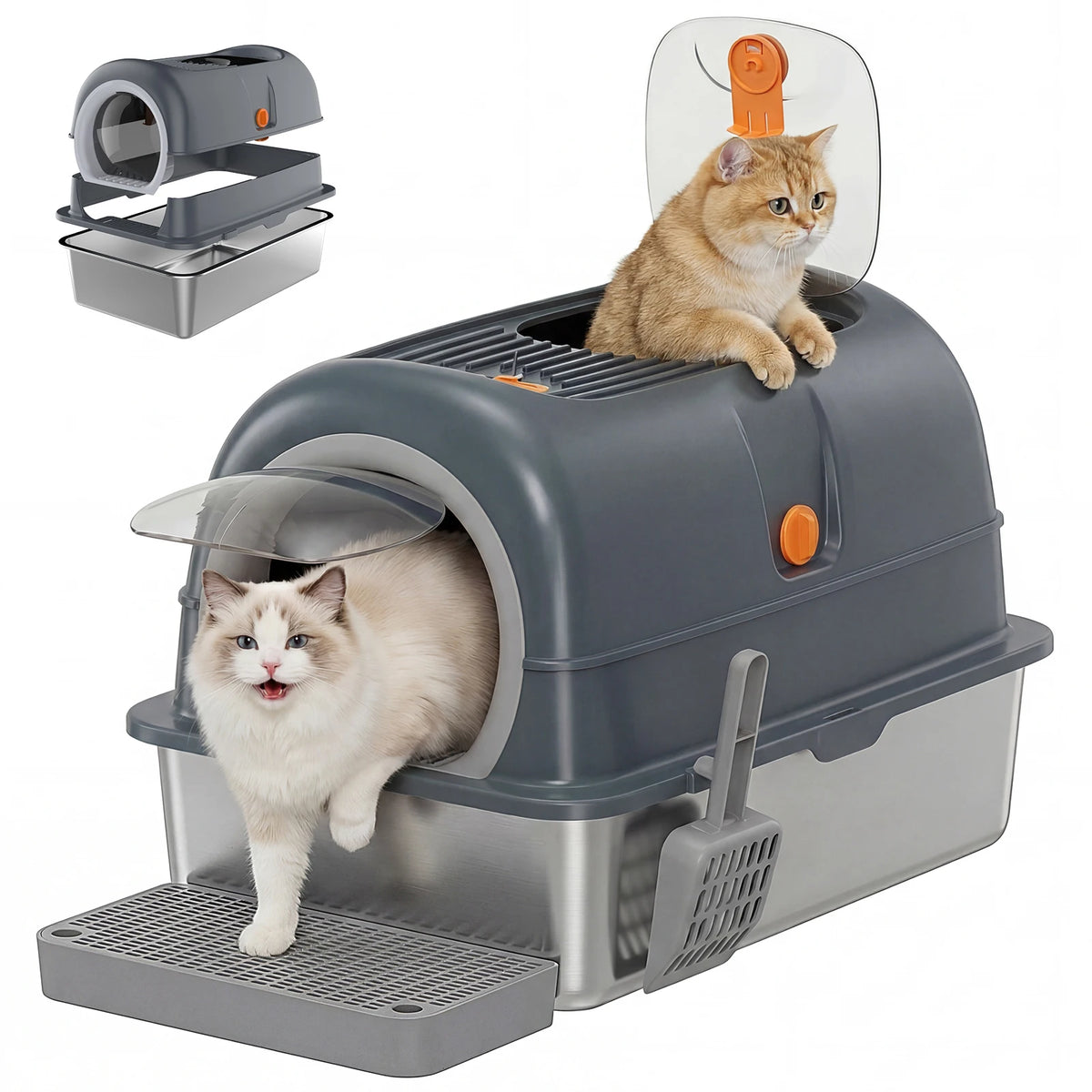 Gray stainless steel litter box with a white cat exiting the front door and an orange cat at the top entrance
