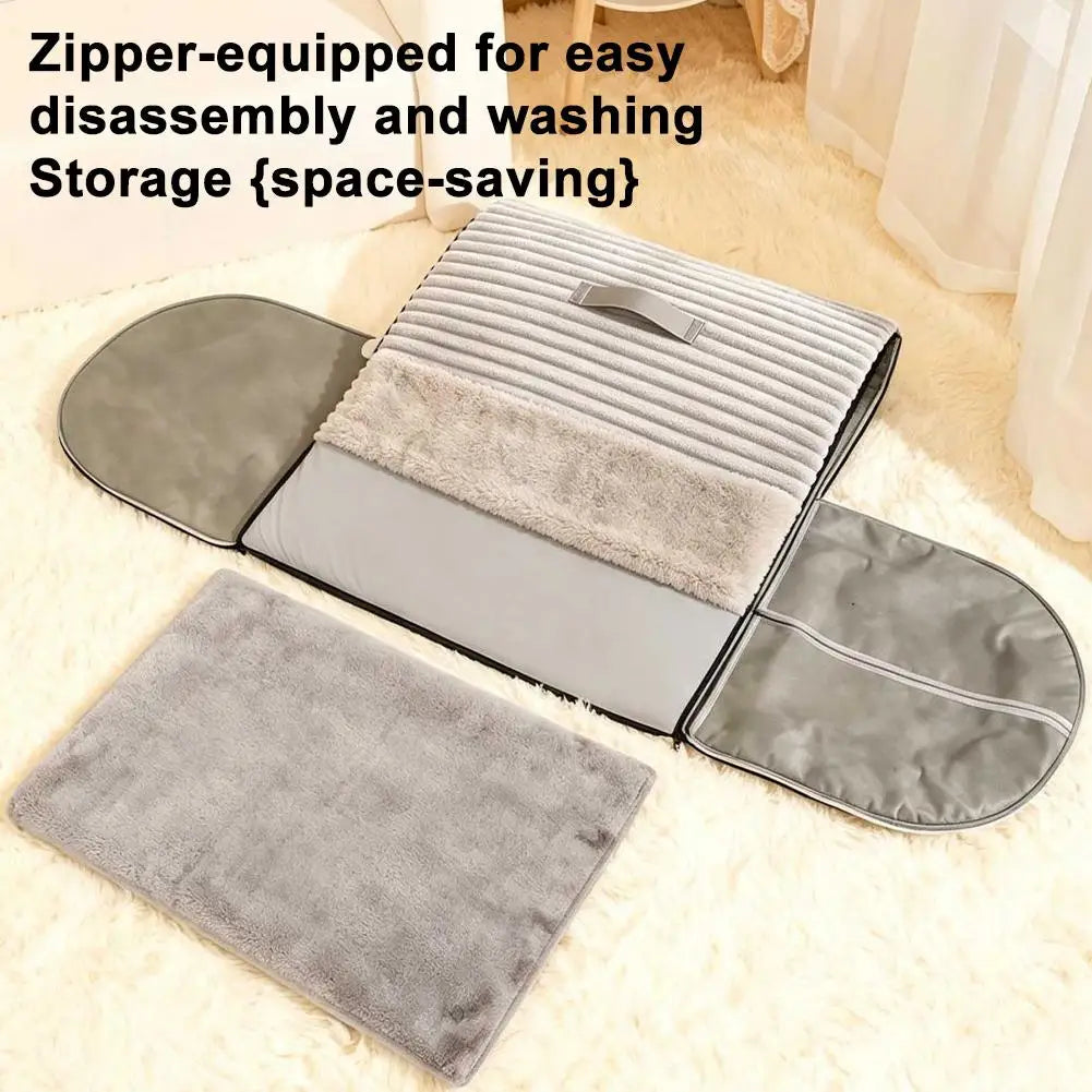 Cat cave bed unzipped and laid flat into separate panels for washing and space-saving storage