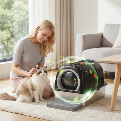 Cat owner sitting beside the enclosed stainless steel litter box with her long-haired cat