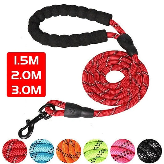 Red reflective dog leash with black padded handle in 1.5 m, 2 m and 3 m lengths with colour swatches