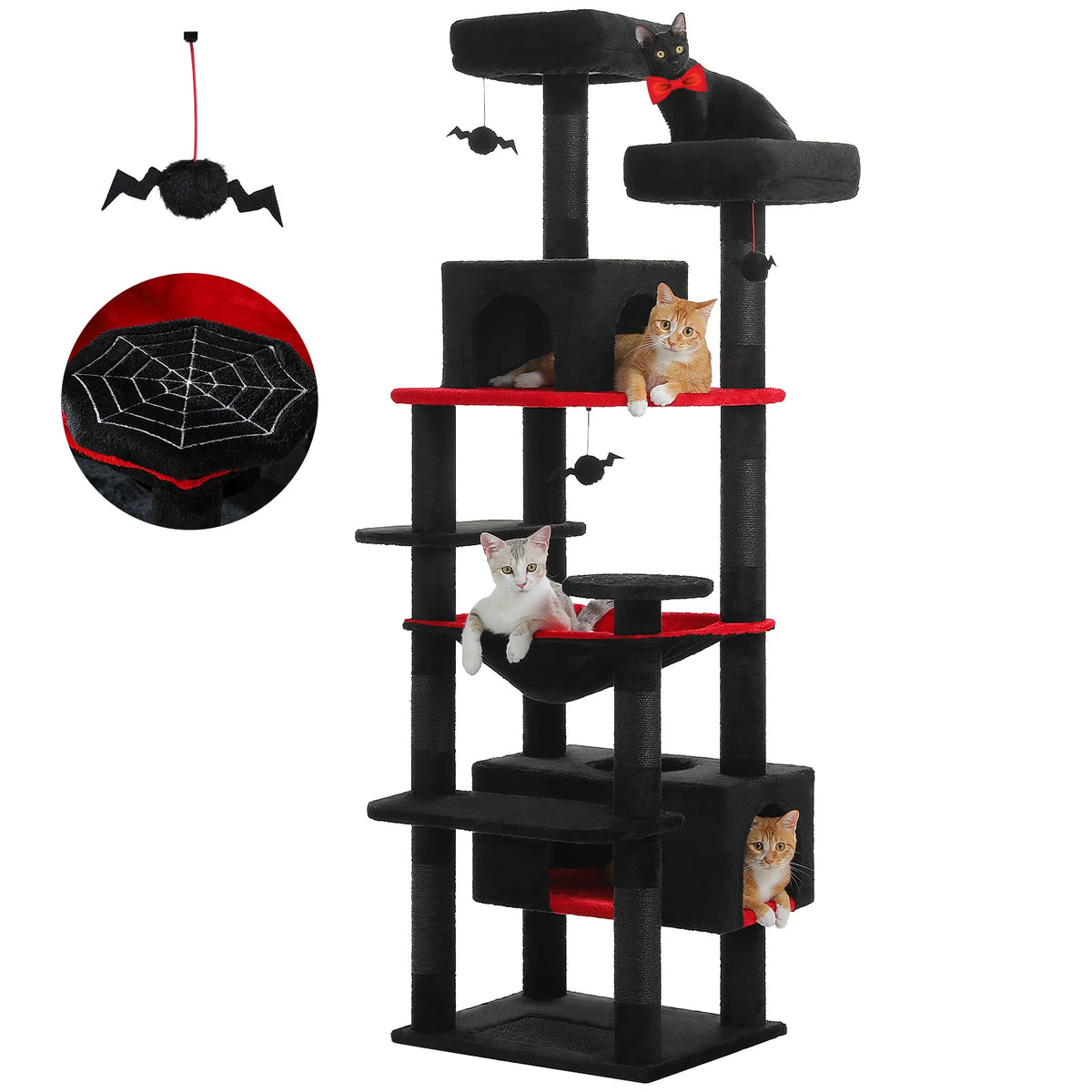 Black cat tree with red platform trim on a white background with Halloween spider props and three cats