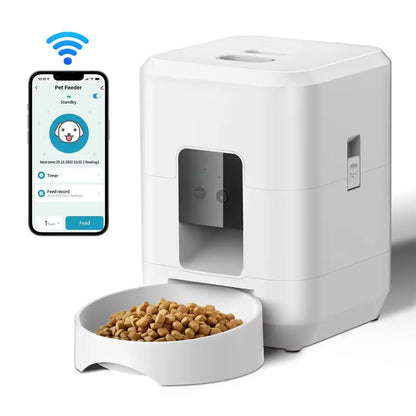 White WiFi automatic pet feeder with app-controlled feeding shown on a smartphone screen