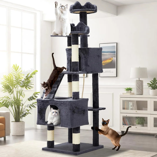 Dark grey 72-inch cat tree with climbing ramp, enclosed condo and top perches used by four cats