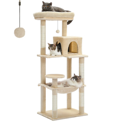 Beige cat tree with three cats on the top perch, condo platform and hammock