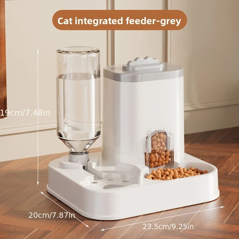 Gray automatic cat feeder with size chart 9.25 x 7.87 x 7.48 inches