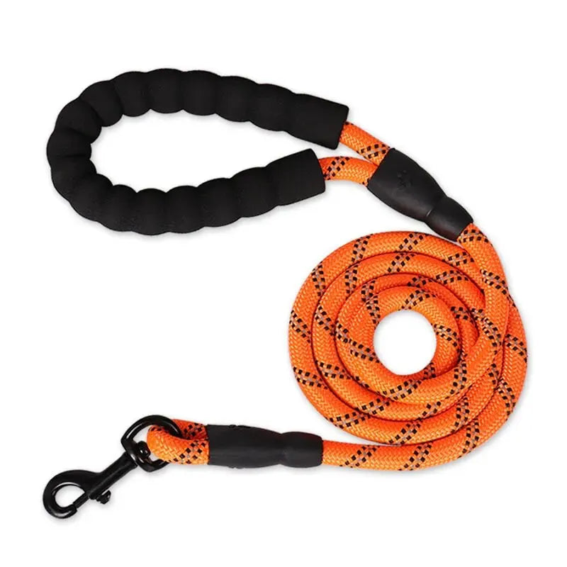 Orange reflective rope dog leash coiled with black padded handle and metal swivel clasp