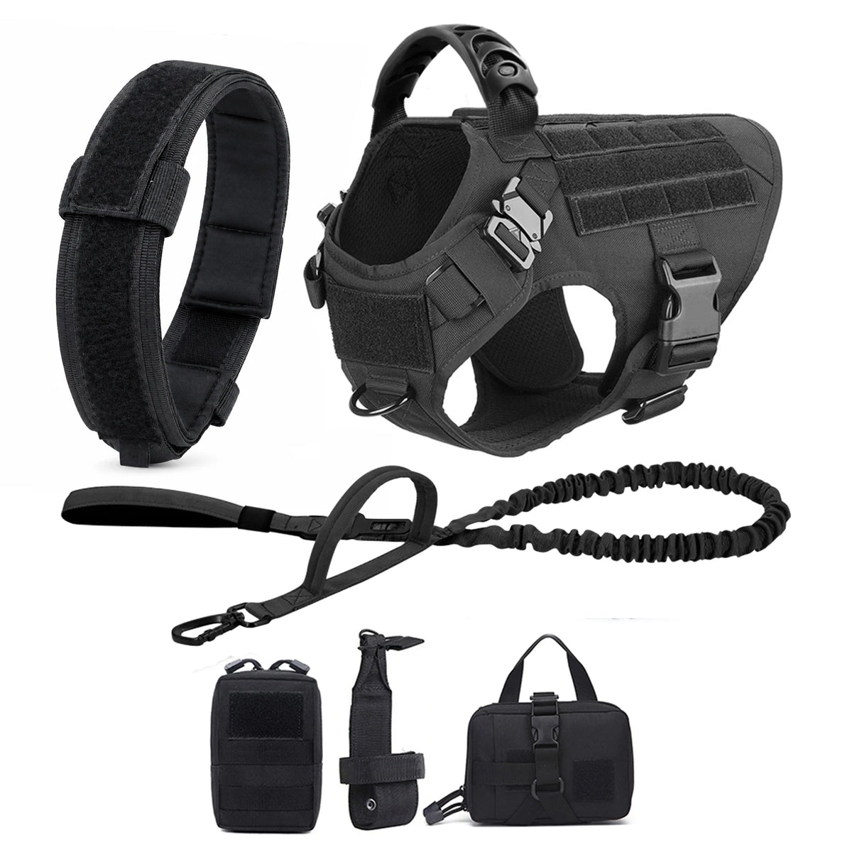Black tactical dog harness six-piece set with padded collar, bungee leash and three MOLLE pouches
