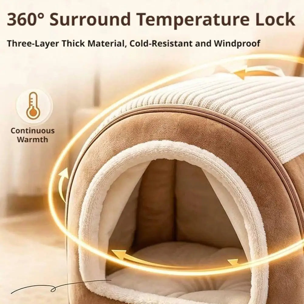 Interior view of the cat cave bed showing three-layer insulated walls and soft cushioned base