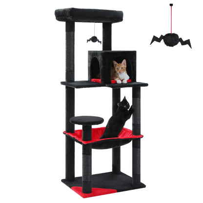 Black cat tree with red platform accents and a hanging spider toy, two cats climbing it