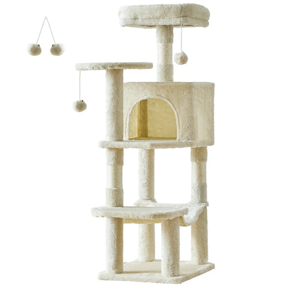 Beige cat tree on a white background showing the top perch, side platform, enclosed condo and bottom hammock