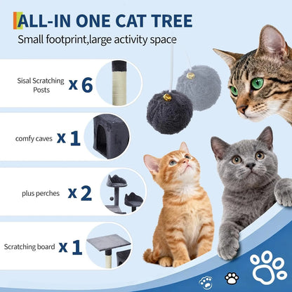 All-in-one cat tree feature overview: six sisal scratching posts, cave, plush perches and a scratching board