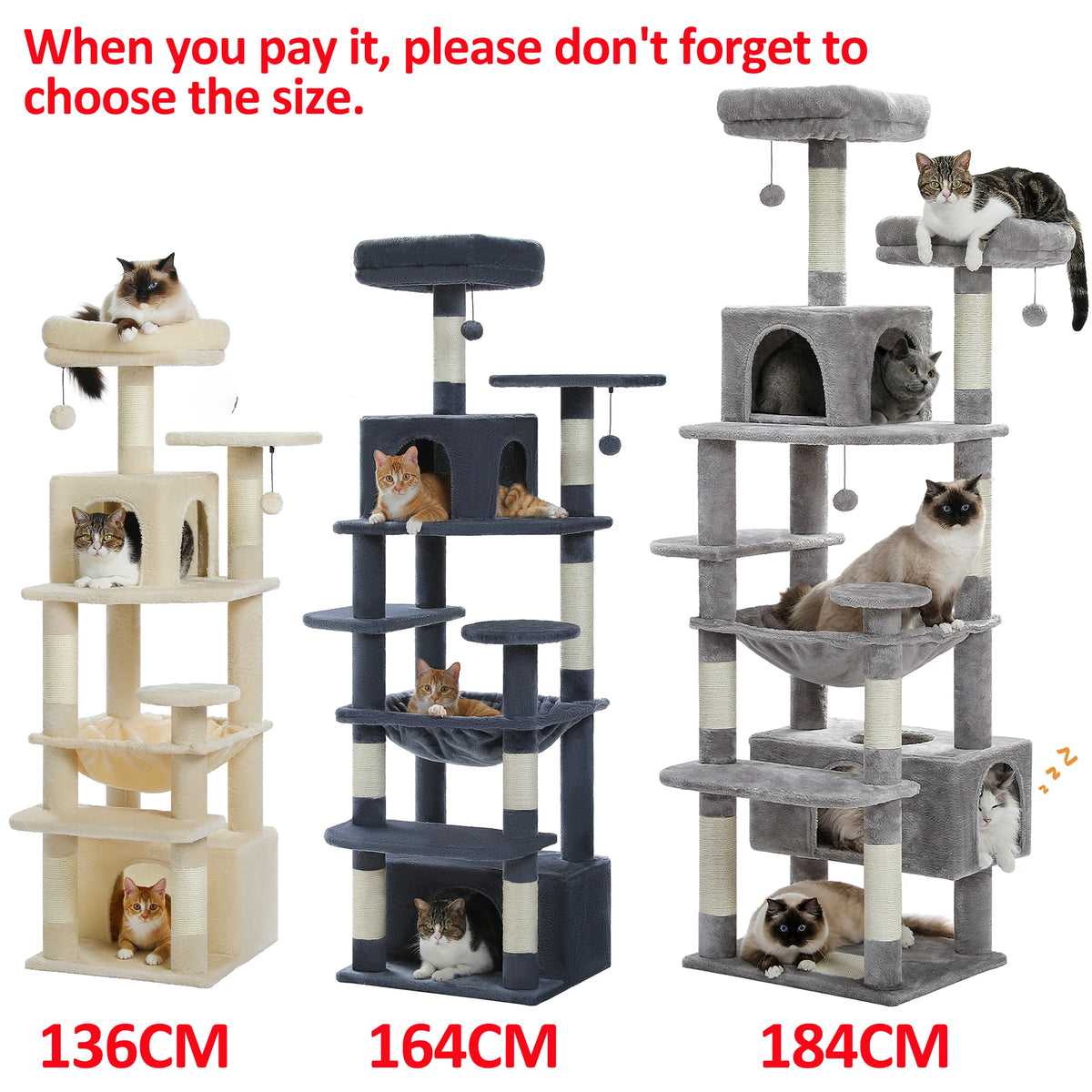 Side-by-side height comparison of the 136 cm, 164 cm and 184 cm cat trees in beige, dark gray and light gray