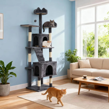 Grey 72-inch cat tree beside a sofa with cats resting on the perch and inside the condo