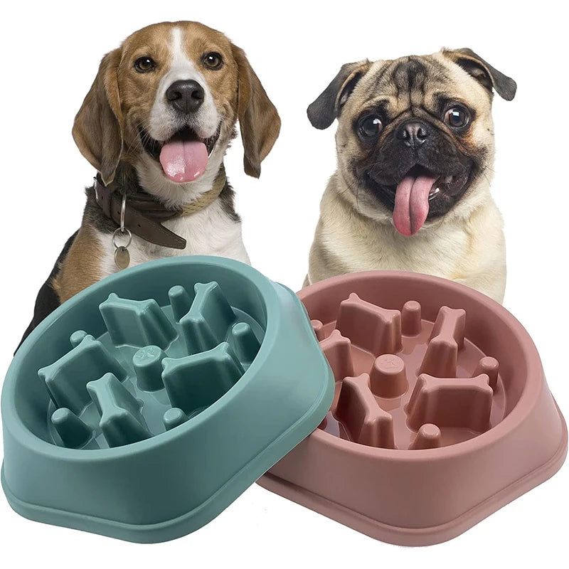 Green and pink slow feeder dog bowls shown with a Beagle and a Pug