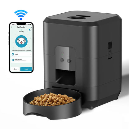 Black WiFi smart automatic cat feeder with detachable kibble bowl and smartphone app control