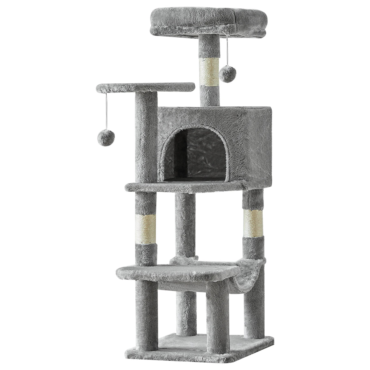 Light grey cat tree on a white background showing all four levels, condo, hammock and scratching posts