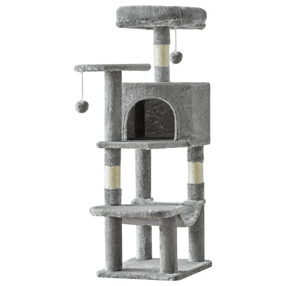 Light grey cat tree on a white background showing all four levels, condo, hammock and scratching posts