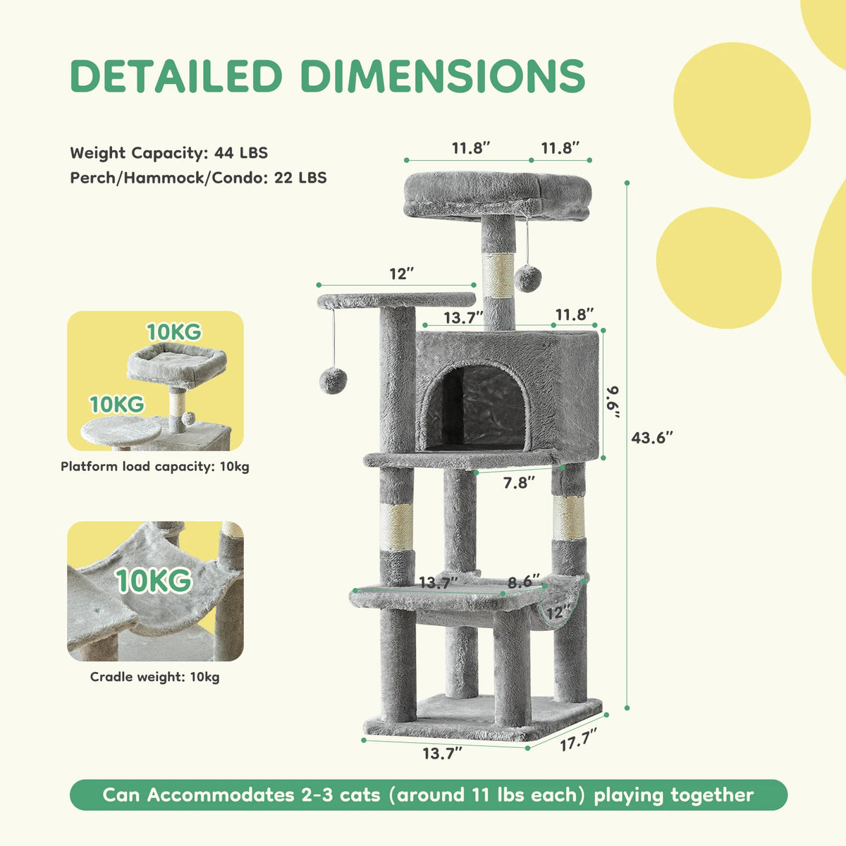 Dimension diagram for the 43.6-inch cat tree showing 13.7 x 17.7 inch base, 11.8 inch top perch, 13.7 x 11.8 x 9.6 inch condo and 44 lb weight capacity