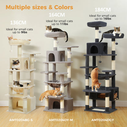 Size and color comparison chart showing the 136 cm, 164 cm and 184 cm cat trees in beige, light gray and dark gray