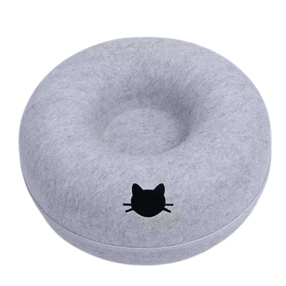 Light grey cat head style felt donut bed with a cat face shaped tunnel entrance