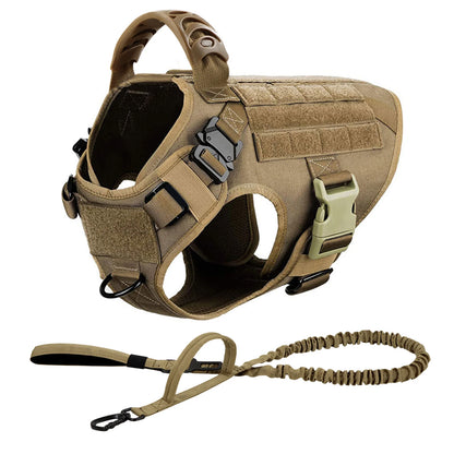 Brown tactical dog harness with matching bungee leash, two-piece set on a white background