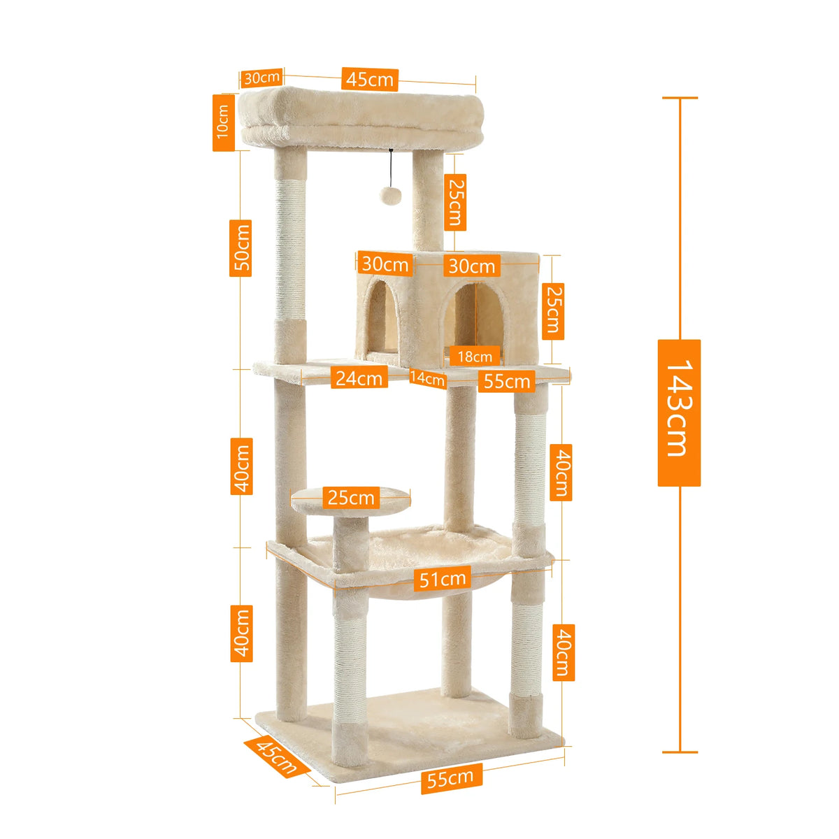 Dimension diagram of the 143 cm cat tree with 55 x 45 cm base, 45 x 30 cm top perch and 30 x 30 cm condo