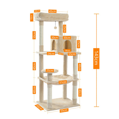 Dimension diagram of the 143 cm cat tree with 55 x 45 cm base, 45 x 30 cm top perch and 30 x 30 cm condo