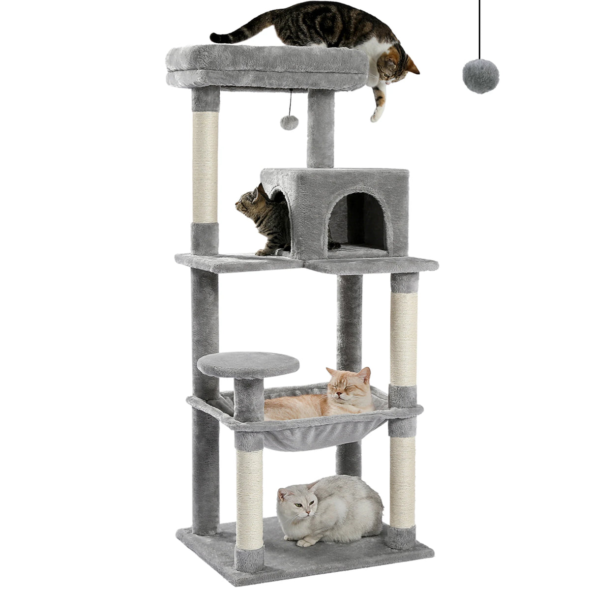 Grey 5-level cat tree with condo, hammock, cushioned top perch and sisal scratching posts