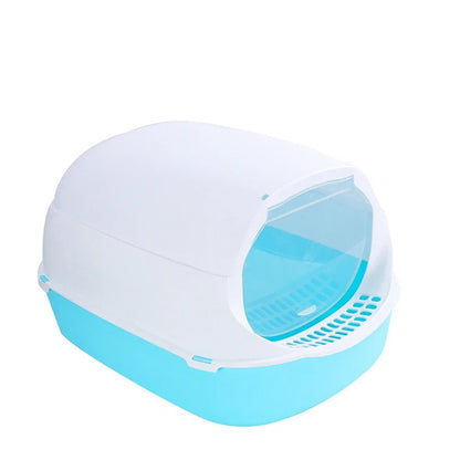 Aqua blue covered cat litter box with transparent flap and removable top lid