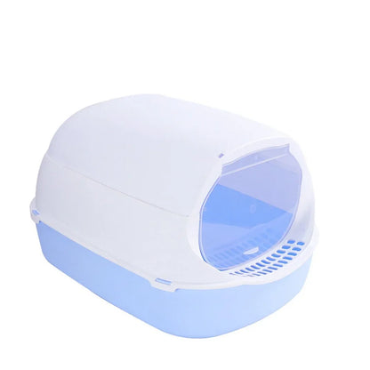 Blue covered cat litter box with clear flap door and high walls on a white background