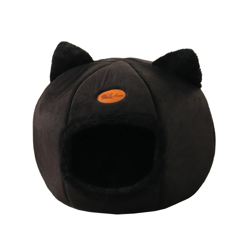 Front view of a black cat cave bed with an oval brand patch on the hood