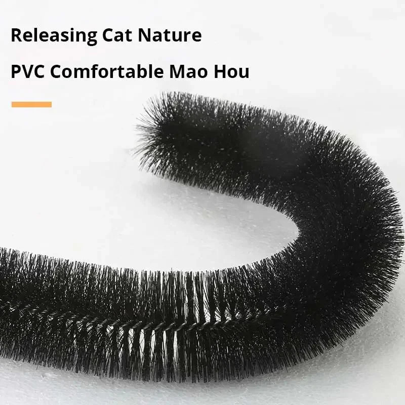 Close-up of the flexible black bristle strip that forms the cat grooming arch