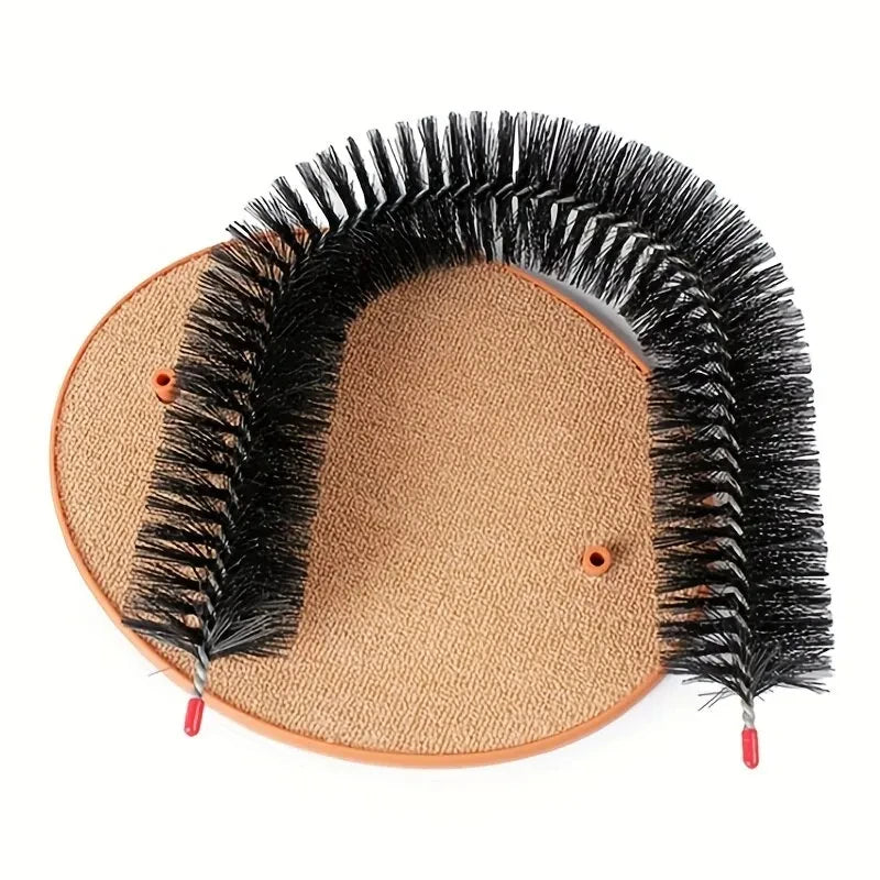 Top view of the cat self groomer arch showing the woven textured scratching pad base