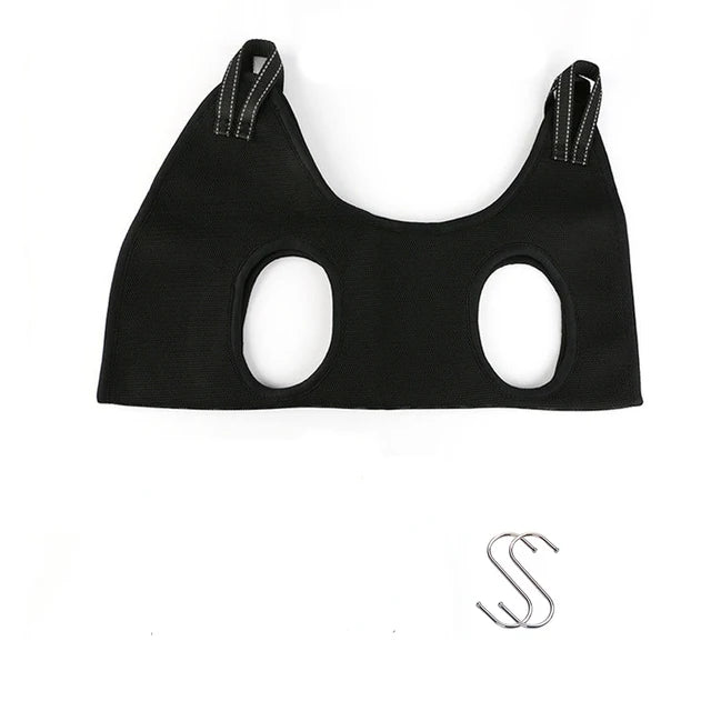 Black cat grooming hammock laid flat with its two S-shaped metal hanging hooks