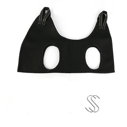 Black cat grooming hammock laid flat with its two S-shaped metal hanging hooks