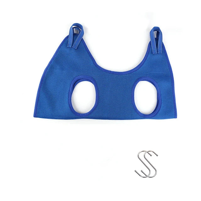 Blue cat grooming hammock laid flat with its two S-shaped metal hanging hooks