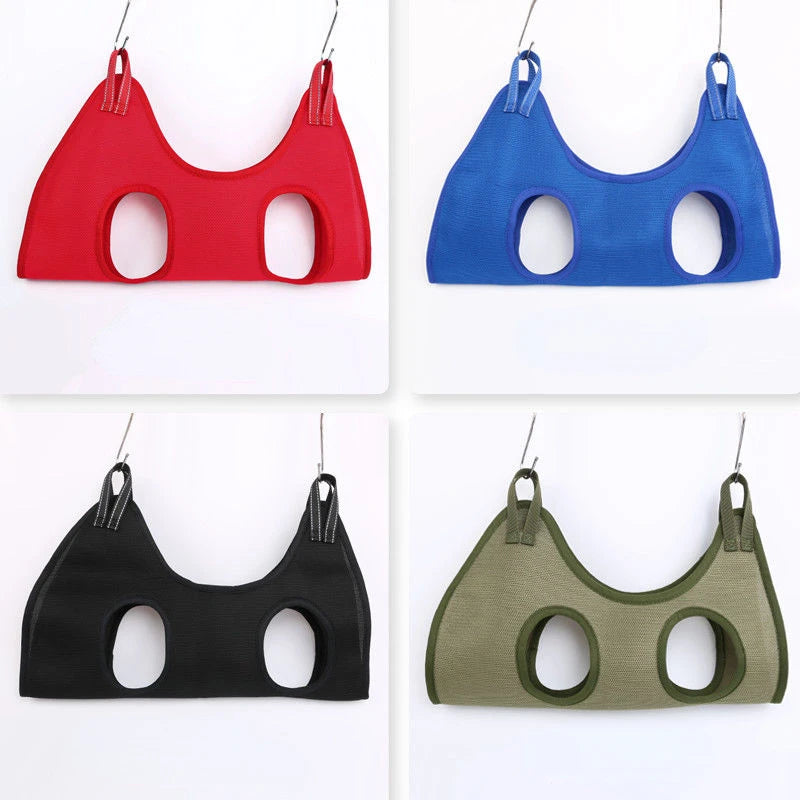Four color options of the pet grooming hammock hanging on hooks: red, blue, black and army green