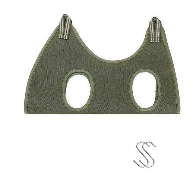 Army green cat grooming hammock laid flat with its two S-shaped metal hanging hooks