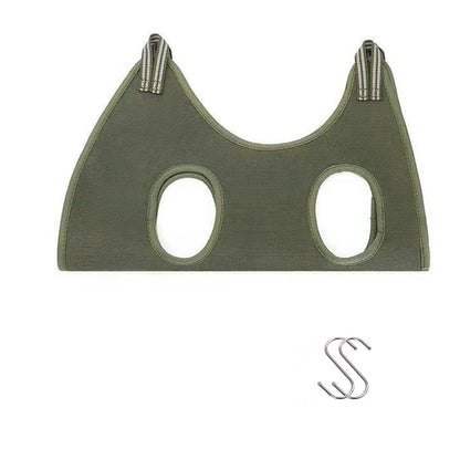 Army green cat grooming hammock laid flat with its two S-shaped metal hanging hooks