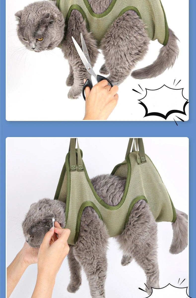Owner trimming a gray cat's claws and paw fur while the cat rests in the green mesh grooming hammock